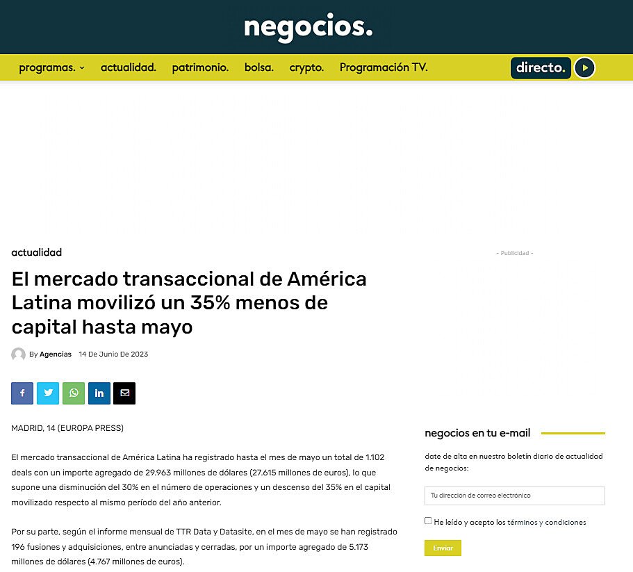 El mercado transaccional de Amrica Latina moviliz un 35% menos de capital hasta mayo